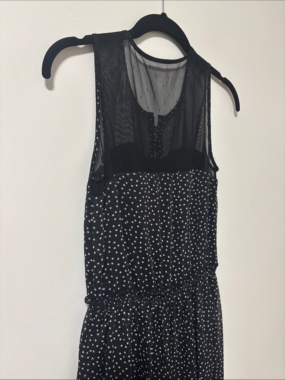 JACOB (XS) Sleeveless Black Polka Dot Midi Dress Mesh Flowy Lined Elastic Waist - Picture 5 of 15
